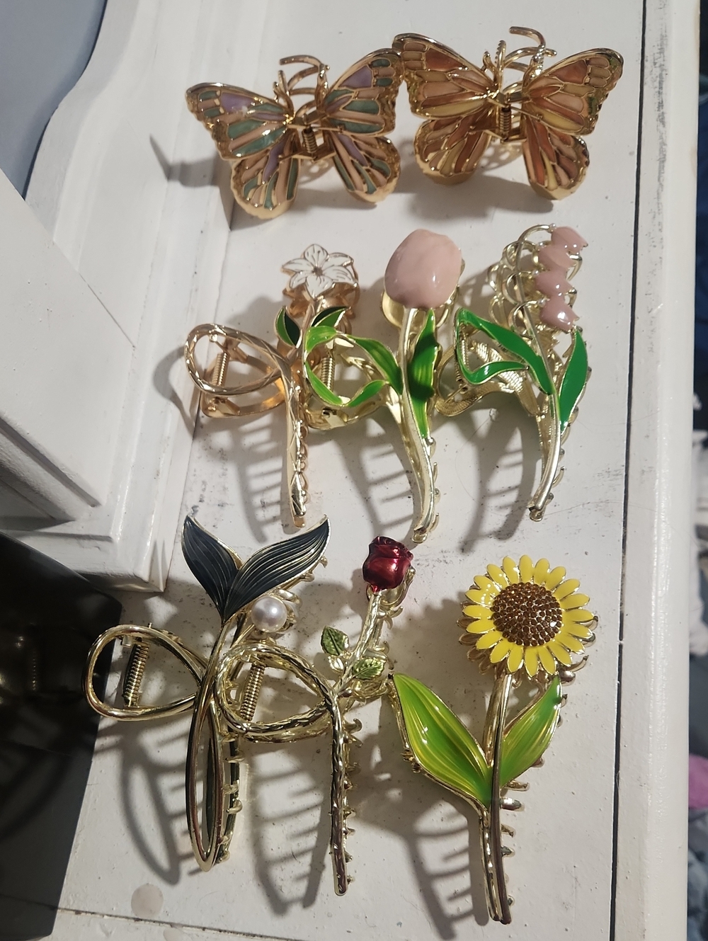 8 Gold Floral and Butterfly Hair Clip Set with Pink, Green, Yellow Accents